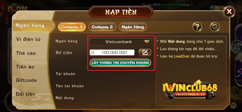 ngân hàng nạp tiền iwin